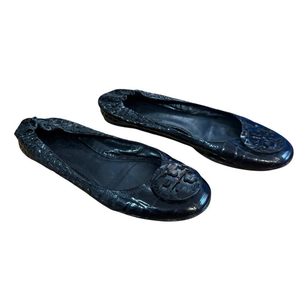 TORY BURCH Reva Black Leather Croc Print Ballet Slip On Flats Scrunch Back 11M